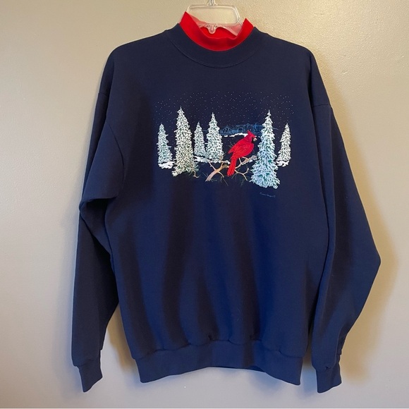 Endless Designs Large Christmas winter cardinal Sweatshirt Blue red grannycore - Picture 1 of 9